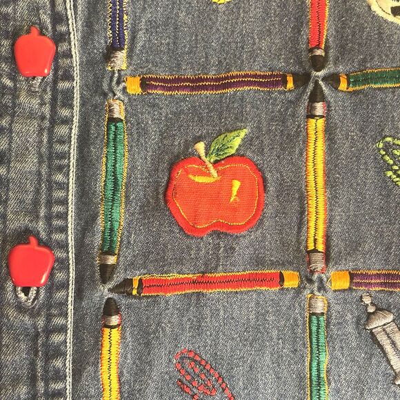 VTG Teacher School Novelty Embellished Womens Top Sz M Denim Y2K Button Up Cute - Picture 6 of 15